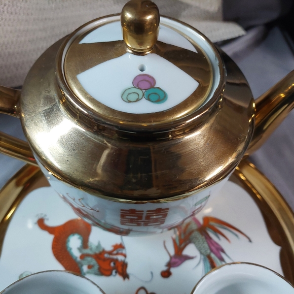 Vintage Gold Trimmed Asian PHOENIX Tea Set (4pcs) Hand-Painted - Picture 5 of 15